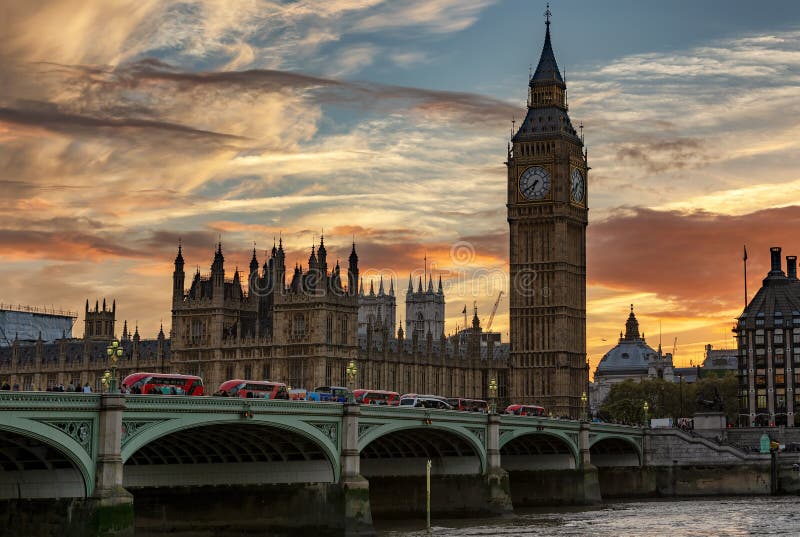 Panoramic view to the Parliament of London at Westminster with the Big Ben clocktower and Thames river during sunset, United Kingdom. Panoramic view to the Parliament of London at Westminster with the Big Ben clocktower and Thames river during sunset, United Kingdom