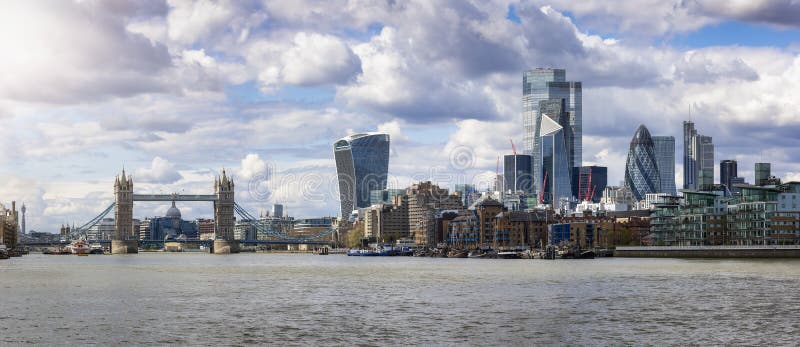 Panoramic view to the unique skyline of London, United Kingdom, from the Tower Bridge to the City during a sunny day