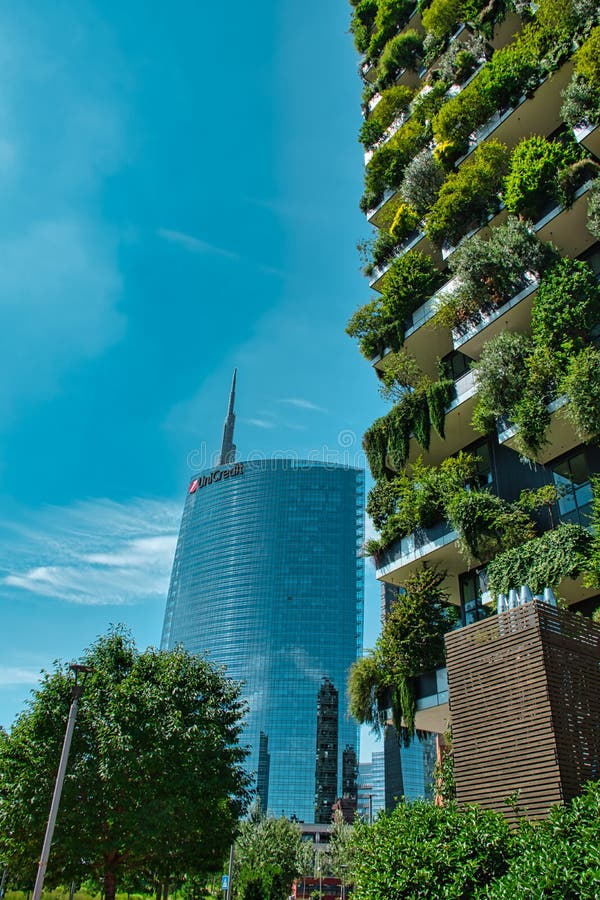 Panoramic view of the UniCredit Tower and Vertical Forest, Bosco Verticale skyscrapers from the Library Of Trees park, Parco