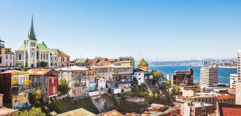 Panoramic view of Valparaiso Skyline with Lutheran Church - Valparaiso, Chile royalty free stock photo