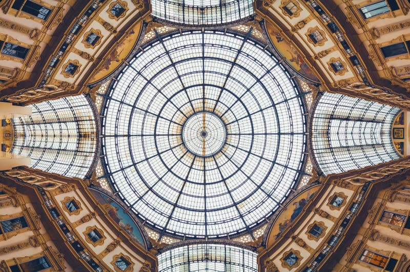 Panoramic view of Vittorio Emanuele gallery ceiling in Milan, Italy