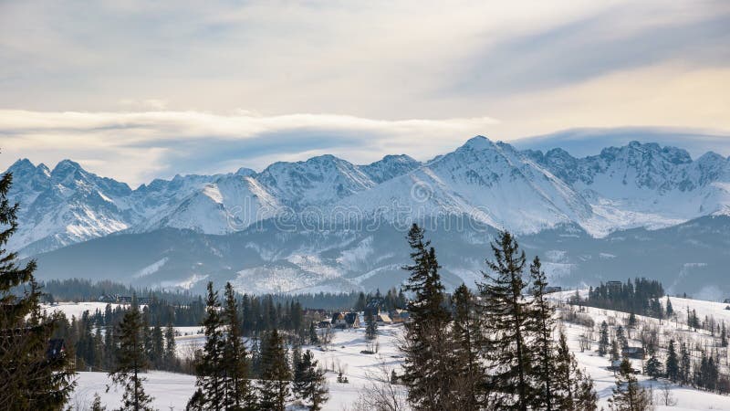 Panoramic winter landscape of High Tatra Mountains stock image