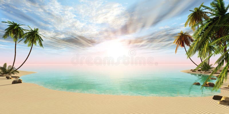 Panoramiczny krajobraz tropikalna plaża z drzewkami palmowymi royalty ilustracja Panoramiczny krajobraz tropikalna plaża z drzewkami palmowymi royalty ilustracja