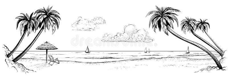 Panoramic beach view. Vector illustration of seaside promenade with palms, chaise longue, parasol and yachts. Black and white handmade drawing. Panoramic beach view. Vector illustration of seaside promenade with palms, chaise longue, parasol and yachts. Black and white handmade drawing.