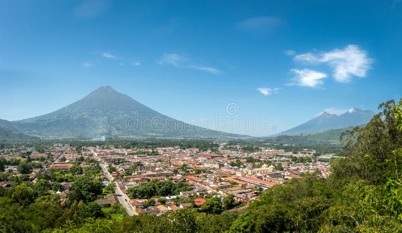 City view of Antigua Guatemala from Cerro de La Cruz with Agua Volcano in the background. City view of Antigua Guatemala from Cerro de La Cruz with Agua Volcano in the background