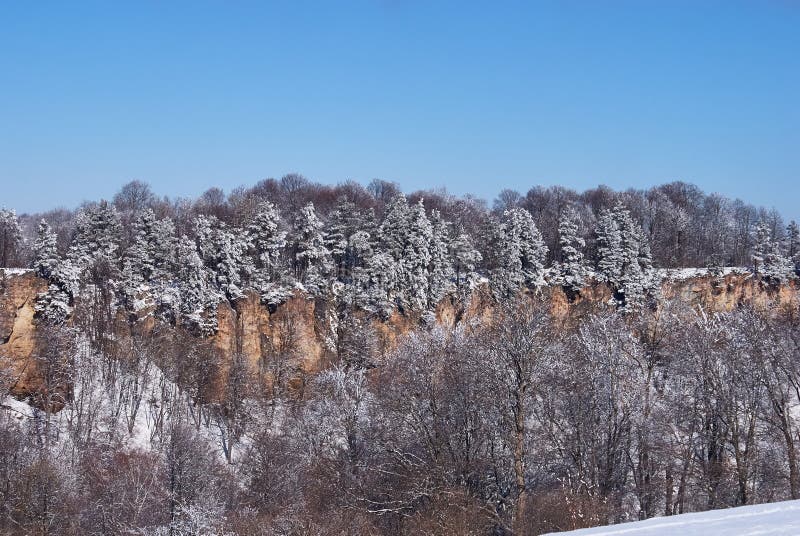 Panoramiczny widok falezy W przedpolu śnieżny las w tle, - niebieskie niebo Lago-Naki Główna Kaukaska grań, fotografia stock Panoramiczny widok falezy W przedpolu śnieżny las w tle, - niebieskie niebo Lago-Naki Główna Kaukaska grań, fotografia stock