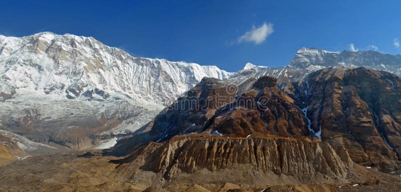 Panoramische Berglandschaft in Himalaja Ansicht von niedrigem Lager Annapurna stockbild Panoramische Berglandschaft in Himalaja Ansicht von niedrigem Lager Annapurna stockbild