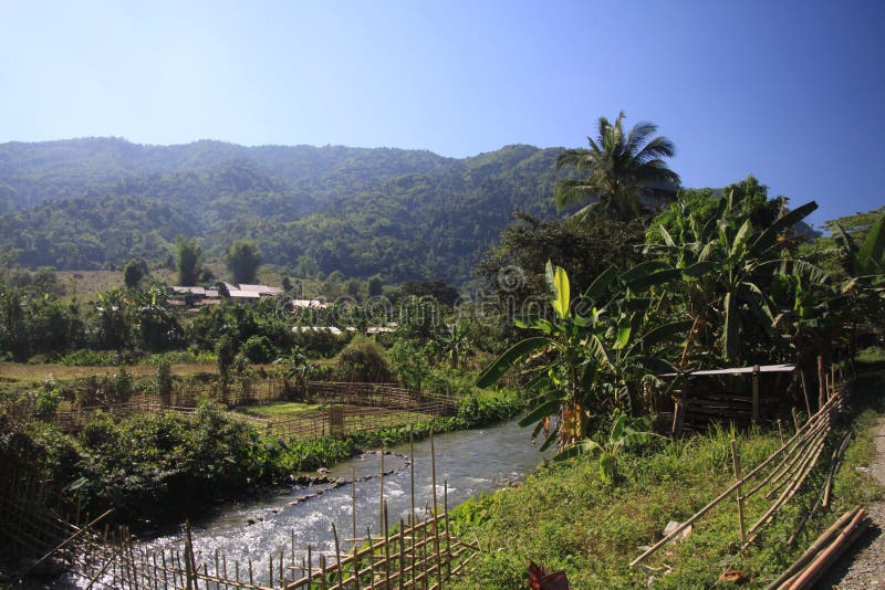 Panoramische szenische Ansicht von Nam Song Xong-Fluss unter Bäumen und ländliche Karsthügel gestalten gegen blauen klaren Himmel lizenzfreie stockfotografie Panoramische szenische Ansicht von Nam Song Xong-Fluss unter Bäumen und ländliche Karsthügel gestalten gegen blauen klaren Himmel lizenzfreie stockfotografie