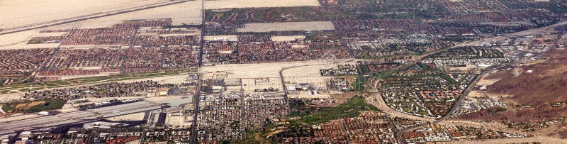 Panoramic aerial view of Palm Springs city sprawl in the California desert. Panoramic aerial view of Palm Springs city sprawl in the California desert