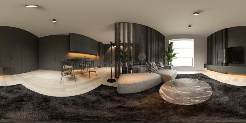 360 Panorana black interior dell'ambiente moderno 3d illustrazione di stock