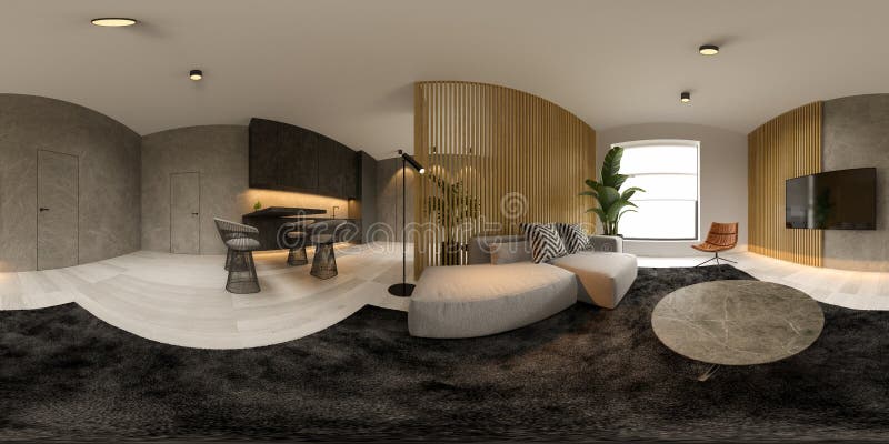 360 panorana interiore minimalista del moderno salotto 3d rendering illustrazione di stock