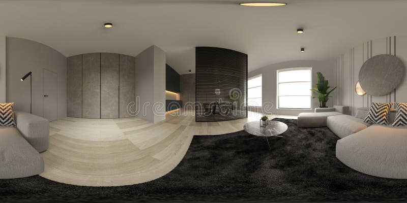 360 panorana interiore minimalista del moderno salotto 3d rendering illustrazione di stock