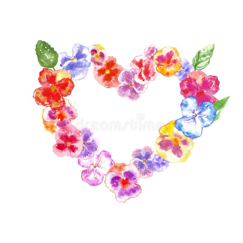 Pansy απεικόνιση στεφανιών λουλουδιών Watercolor, που απομονώνεται στο άσπρο υπόβαθρο Floral ζωηρόχρωμο πλαίσιο καρδιών στοκ εικόνες με δικαίωμα ελεύθερης χρήσης