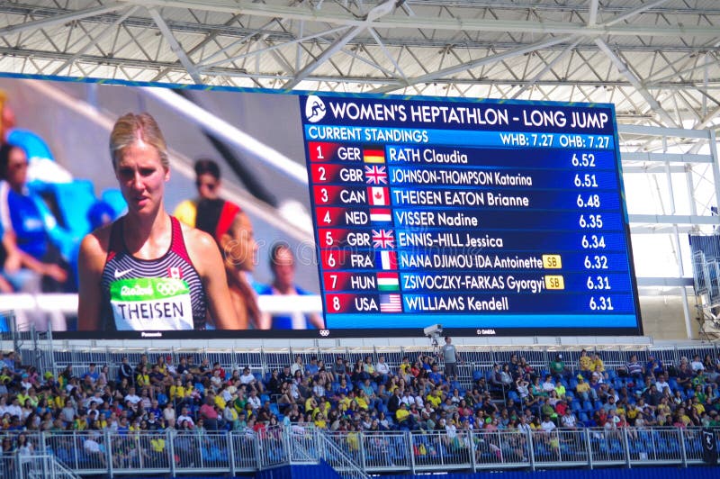 Pantalla con el heptathlete de Brianne Theisen-Eaton del canadiense imagen de archivo Pantalla con el heptathlete de Brianne Theisen-Eaton del canadiense imagen de archivo