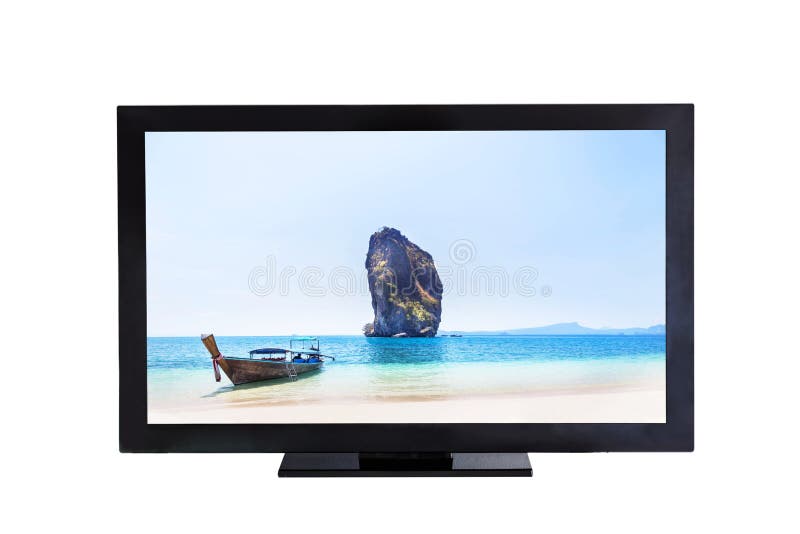 Pantalla de la televisión TV con el barco del longtail y pequeña isla en la imagen del mar fotografía de archivo Pantalla de la televisión TV con el barco del longtail y pequeña isla en la imagen del mar fotografía de archivo