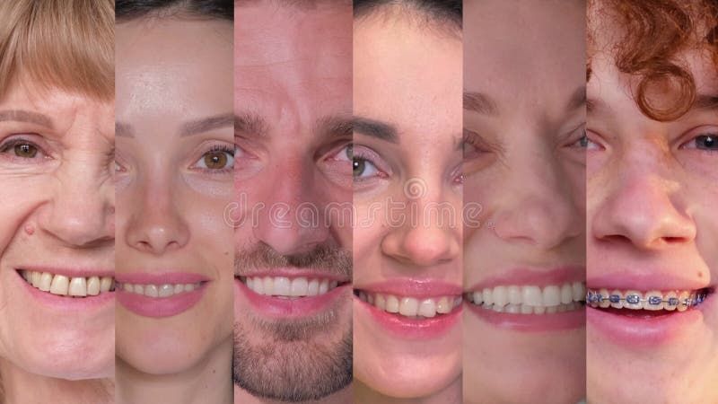 Pantalla de los rostros humanos encubiertos. collage de vídeo de media cara de personas sonriendo almacen de video
