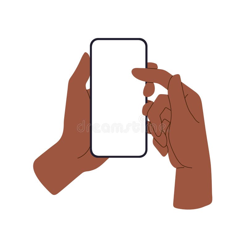 Pantalla de teléfono en mano con pantalla en blanco de piel oscura de usuario desplazarse por los medios sociales. Smartphone libre illustration