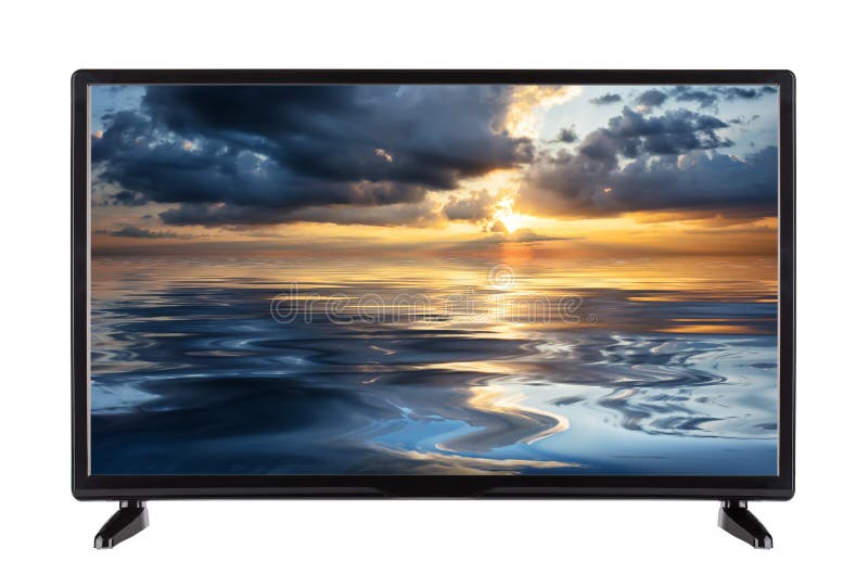 Pantalla plana moderna TV con el cielo de la puesta del sol en la pantalla imágenes de archivo libres de regalías Pantalla plana moderna TV con el cielo de la puesta del sol en la pantalla imágenes de archivo libres de regalías