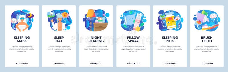 Pantallas de inicio de aplicaciones móviles Máscara durmiente, mesa nocturna con un libro, almohada, píldoras para dormir Banner. Pantallas de inicio de aplicaciones móviles Máscara durmiente, mesa nocturna con un libro, almohada, píldoras para dormir Plantilla de banner vectorial de menú para desarrollo de sitios web y móviles Ilustración plana de diseño de sitios Web