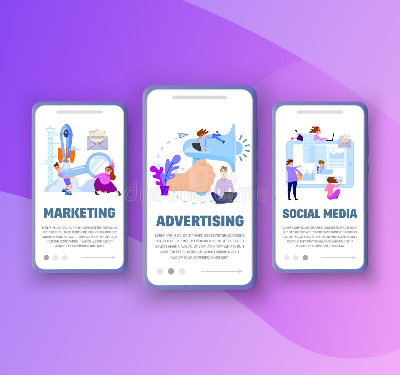 Pantallas de Onboarding - comercializando, haciendo publicidad, medios sociales stock de ilustración Pantallas de Onboarding - comercializando, haciendo publicidad, medios sociales stock de ilustración