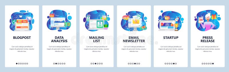 Pantallas onboarding del app m? vil Márketing de Digitaces, boletín electrónico, análisis de datos, puesta en marcha del negocio B ilustración del vector