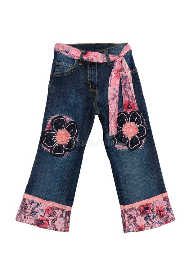 Pantalones vaqueros azules de la muchacha de los niños con el modelo de flores rosado aislado en w fotos de archivo libres de regalías