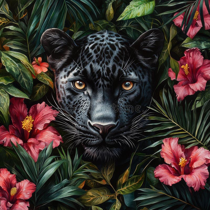 Pantera Neagra Majestic Ascunsa in Paradisul Tropical vector illustration