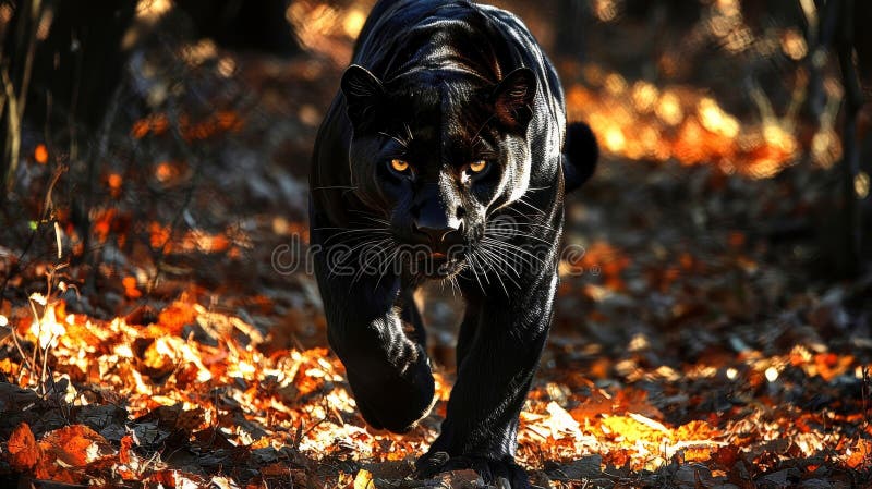 Pantera Neagra Majestic in Padurea de Toamna stock illustration