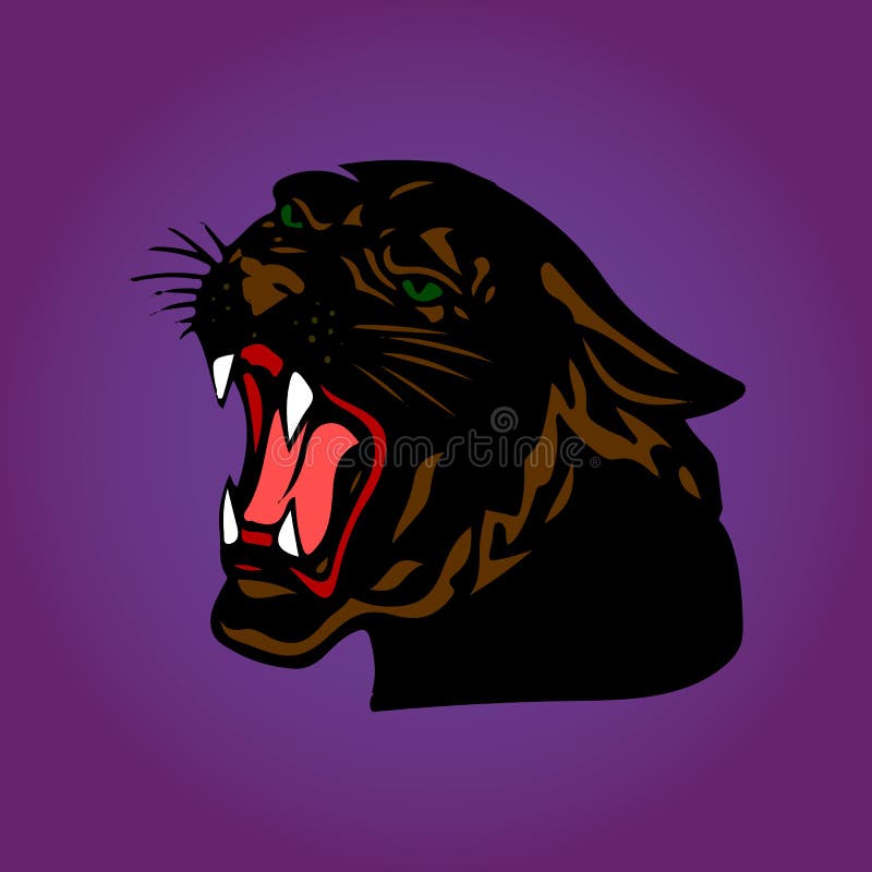 Pantera preta agressiva com boca aberta, desenhos animados no vagabundos roxos ilustração do vetor Pantera preta agressiva com boca aberta, desenhos animados no vagabundos roxos ilustração do vetor