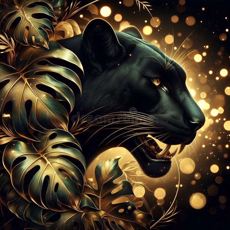 Panteră neagră maiestuoasă cu lumini de aur bokeh vector illustration