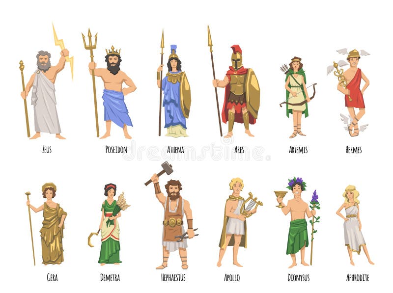 Panteão de deuses do grego clássico, mitologia Grupo de caráteres com nomes Ilustração lisa do vetor No branco