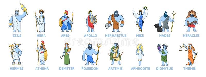 Panteão dos antigos deuses gregos mitologia antiga da grécia. conjunto de caracteres de desenho animado com nomes. ilustração de v