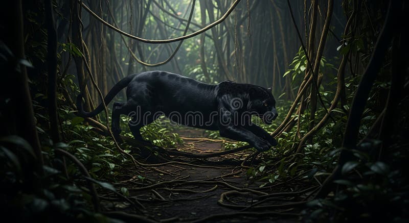Panthera pardus, una pantera negra, atraviesa una densa jungla rodeada por libre illustration