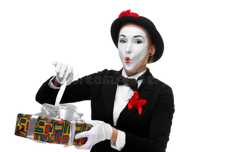 Pantomime als spielerische, frohe und aufgeregte Frau mit stockbilder Pantomime als spielerische, frohe und aufgeregte Frau mit stockbilder