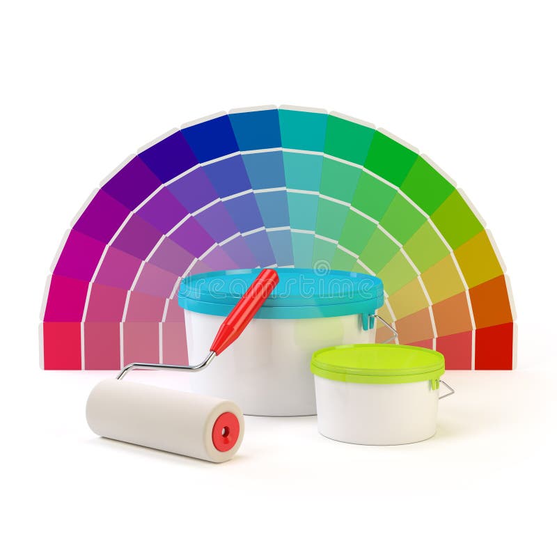 Pantone color palette, paint roller and cans of paint royalty free illustration