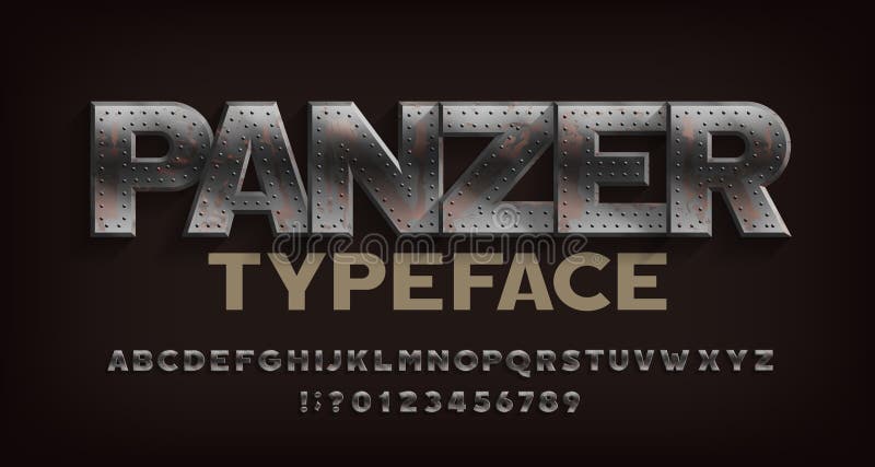 Panzer alphabet font. Rusted metal letters and numbers. stock illustration