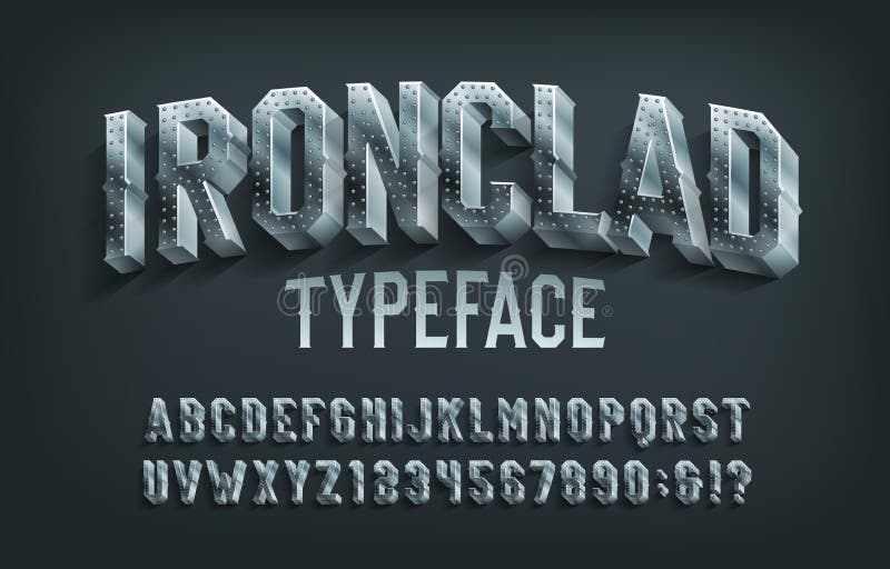 Ironclad alphabet font. 3D metal letters and numbers. Stock vector typescript for your design. Ironclad alphabet font. 3D metal letters and numbers. Stock vector typescript for your design.