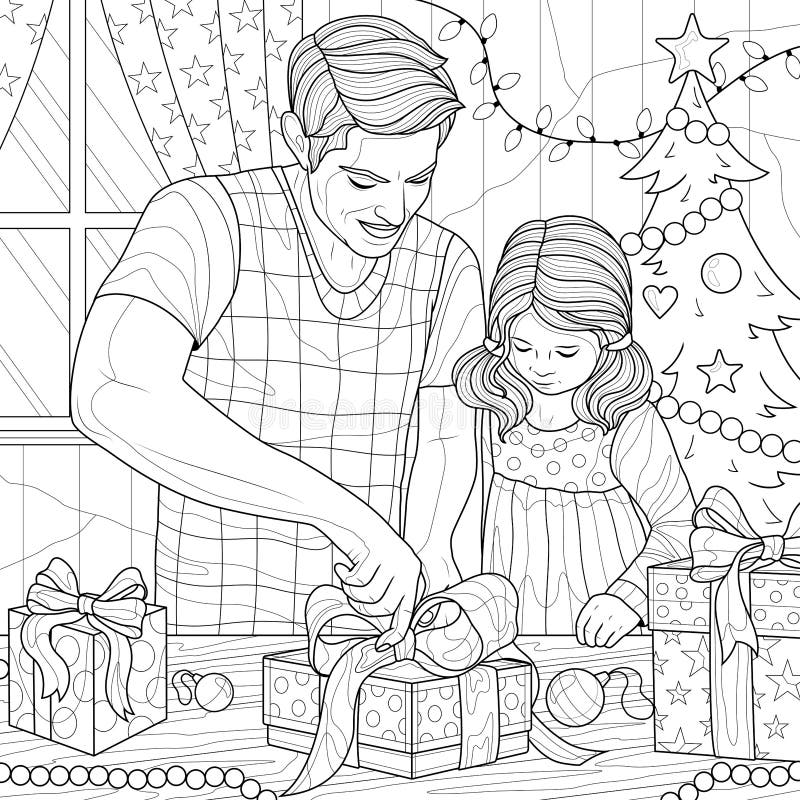 Papa Et Fille Enveloppent Des Cadeaux Pour Christmascoloring Livre  Antistress Pour Enfants Et Adultes. Illustration de Vecteur - Illustration  du noir, maison: 242622154