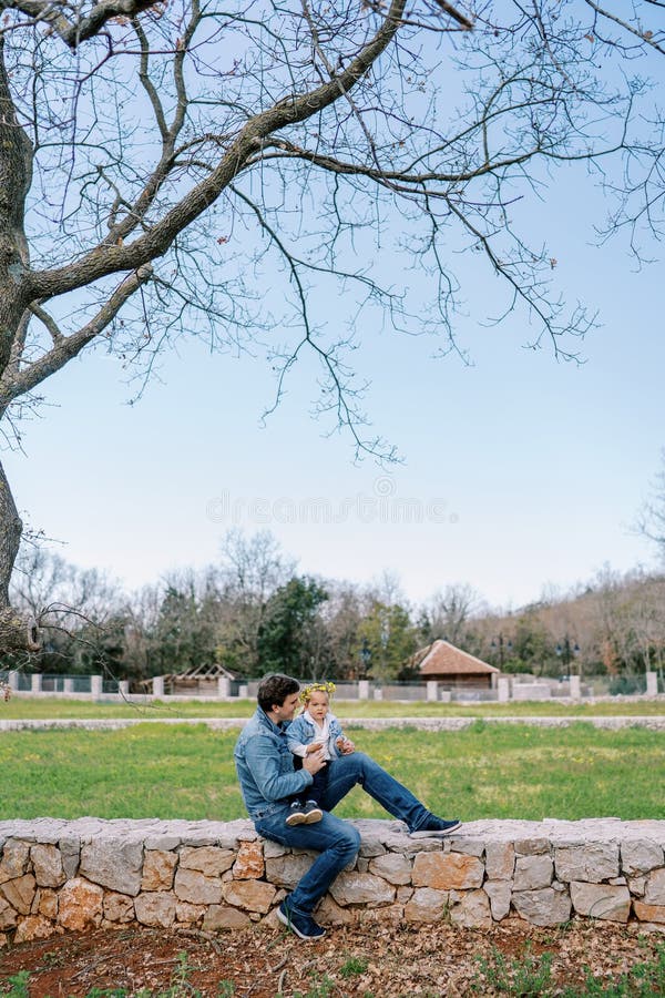 Papa mit einem kleinen Mädchen in einem Kranz auf den Knien sitzt auf einem Steinzaun auf einer blühenden Wiese lizenzfreies stockfoto