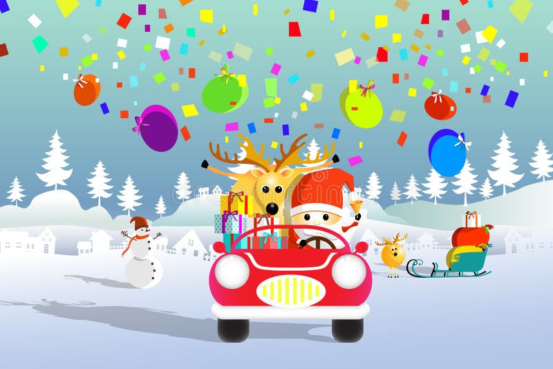 Papai Noel e as renas conduzem o carro vermelho ilustração stock Papai Noel e as renas conduzem o carro vermelho ilustração stock