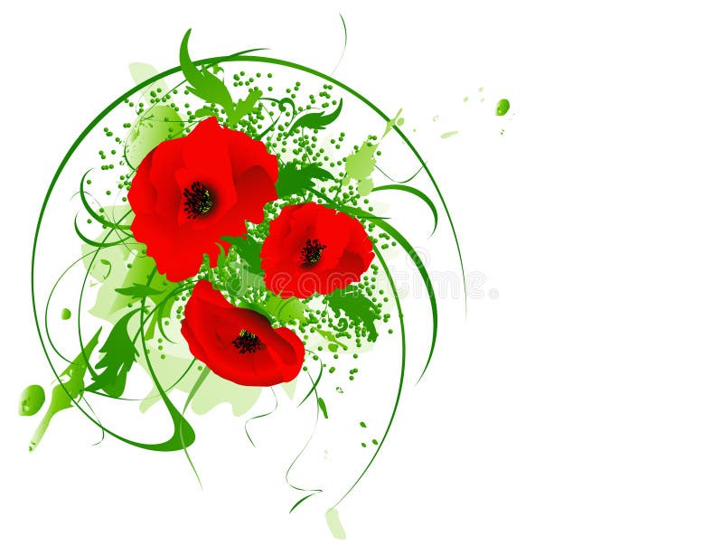 Illustration of red poppy bouquet with swirls and copyspace against white. Illustration of red poppy bouquet with swirls and copyspace against white