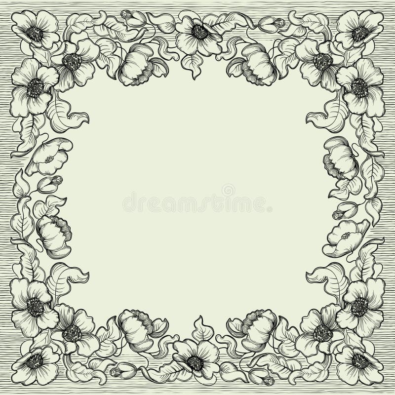 Vector floral background with poppy flowers and leaves at retro engraving style. Vector floral background with poppy flowers and leaves at retro engraving style.