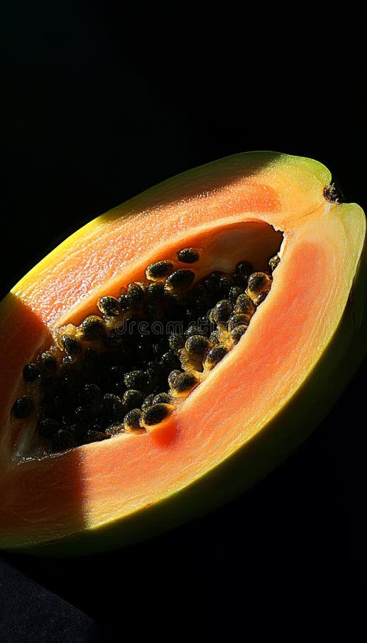 Papaya proaspăt felie de carne de portocale și semințe pe fundal negru vibrant cu lumină și umbră royalty free illustration