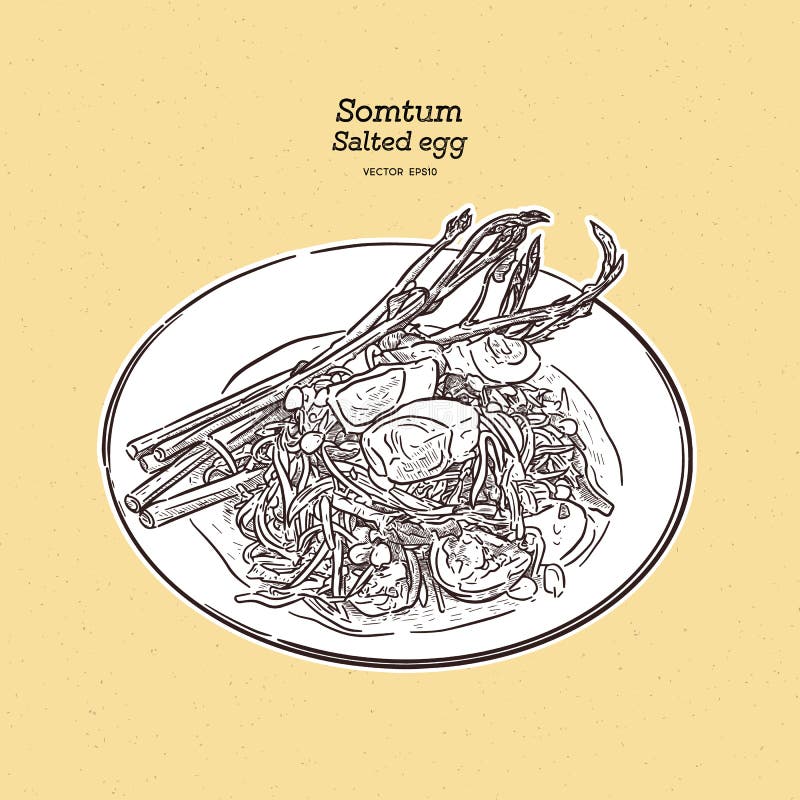 Papaya Salad with Salted Egg, Hand Draw Sketch Vector Stock Vector