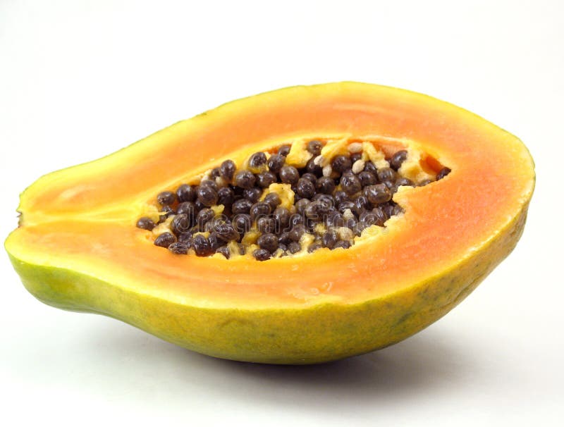 Papaya sliced in half on white