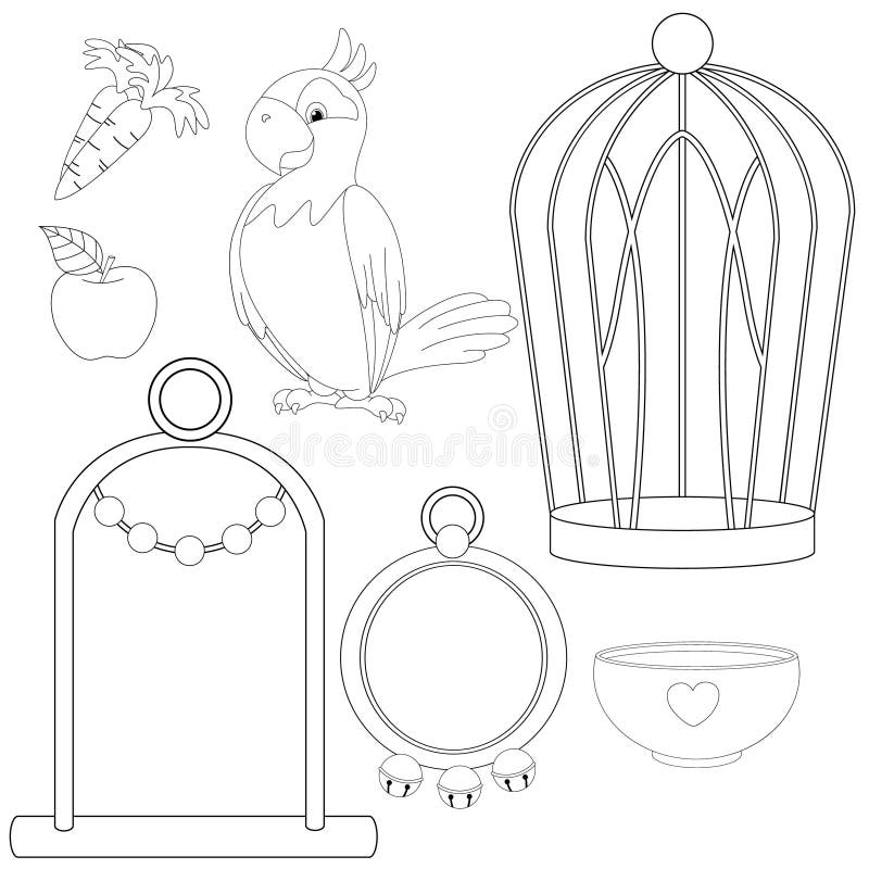 Papegoja med den olika sidan för leksak- och tillbehörfärgläggningbok vektor illustrationer Papegoja med den olika sidan för leksak- och tillbehörfärgläggningbok vektor illustrationer