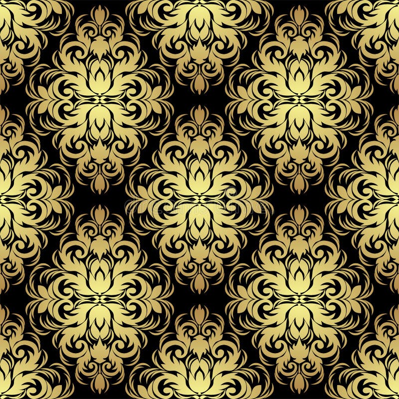 Papel de parede floral ornamentado sem emenda: ouro no preto ilustração royalty free Papel de parede floral ornamentado sem emenda: ouro no preto ilustração royalty free