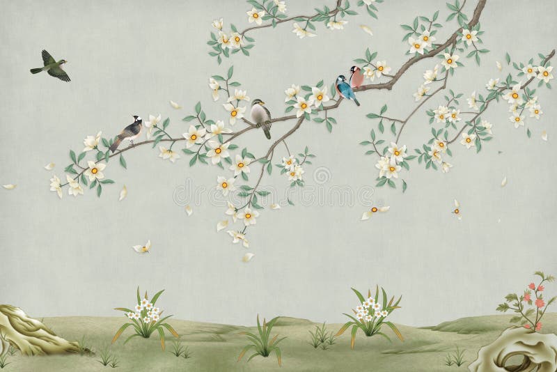 Papel de parede verde simples para fundo mural mármore 3d aves em ramos flores fundo floral com flores e ervas