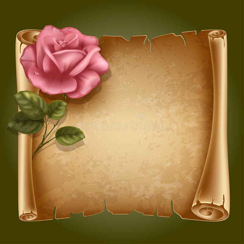 Horizontal old scroll paper with beautiful rose and space for your text. Horizontal old scroll paper with beautiful rose and space for your text