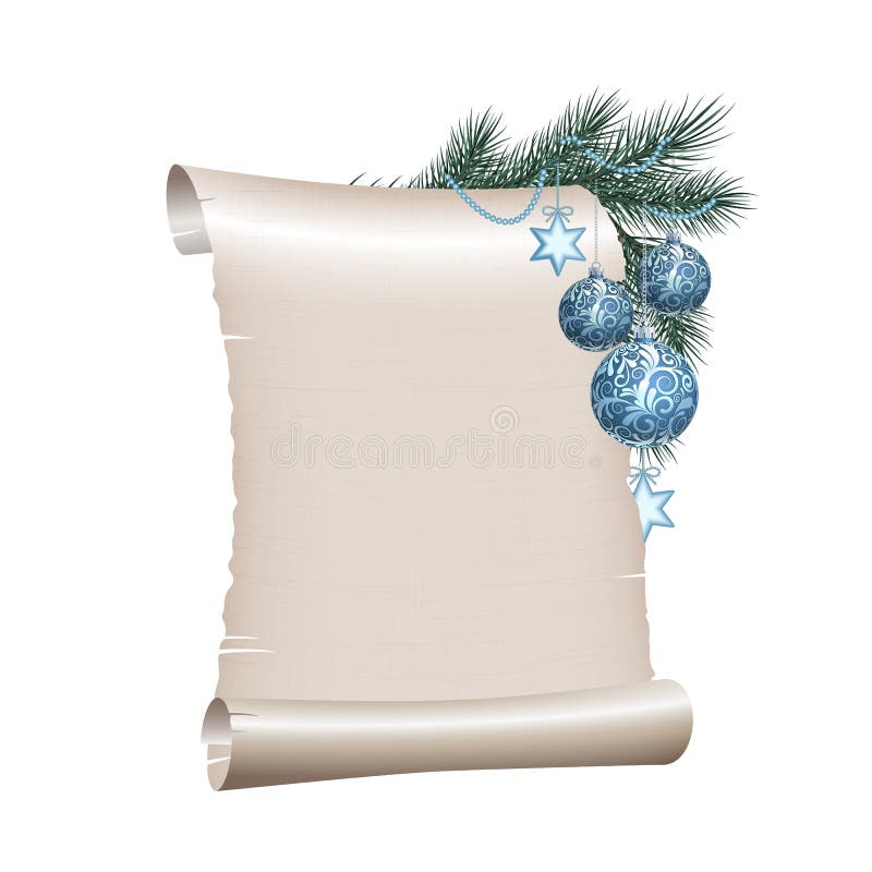 Old blank scroll paper with blue christmas balls on green spruce branch. vector illustration on white background. Old blank scroll paper with blue christmas balls on green spruce branch. vector illustration on white background